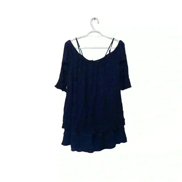 Favlux Boho crinkle fabric, open shoulder tunic in navy blue - Picture 2 of 7